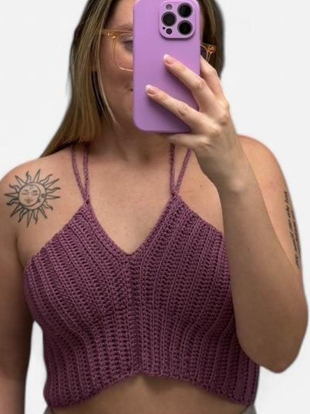 Handcrafted V‑Neck Crochet Cami — Mauve / Dark Lilac